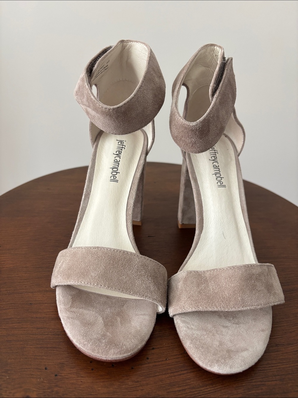 Jeffrey Campbell Taupe Suede Ankle Strap Block Heels